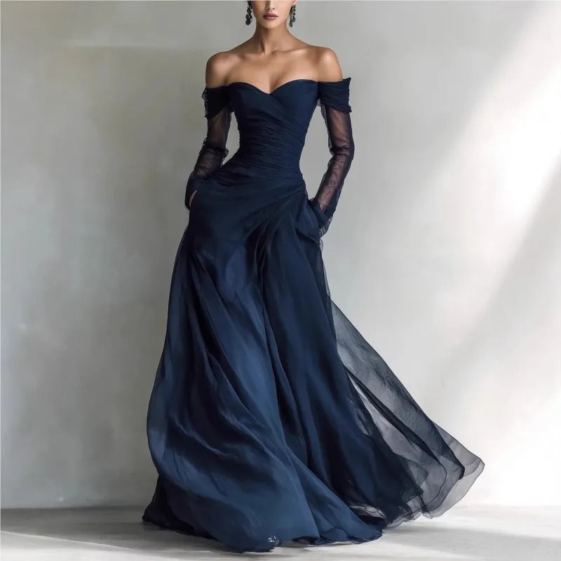 Eleonora • Long dress with off-the-shoulder design and mesh inserts
