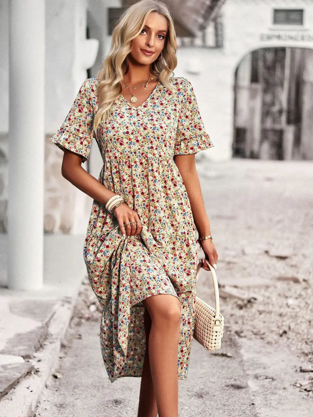 Layla™ - Elegant V Neck Printed Dress