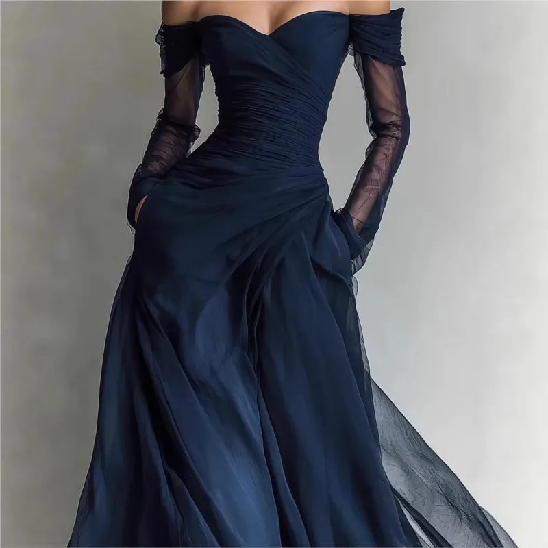Eleonora • Long dress with off-the-shoulder design and mesh inserts