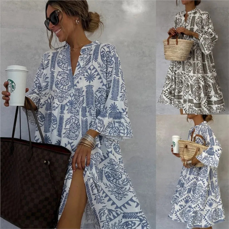 Adeline | Printed V-Neck A-Line Skirt Dress