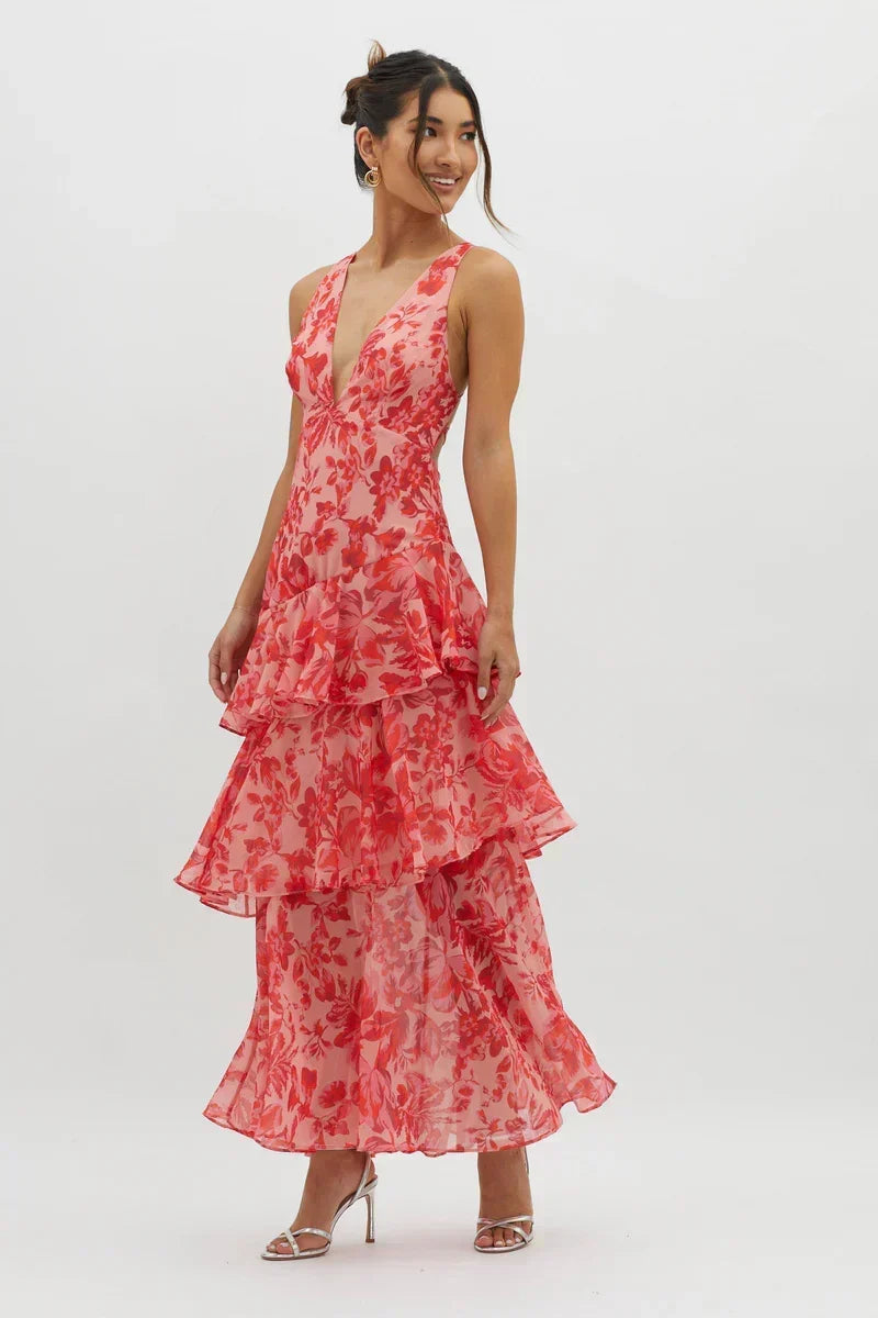 Lisa | Coral Floral Midi Dress – Fluid and Romantic Elegance