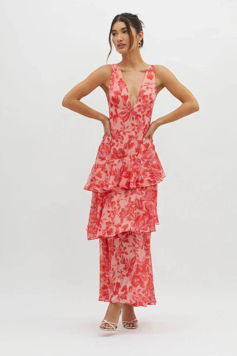 Lisa | Coral Floral Midi Dress – Fluid and Romantic Elegance