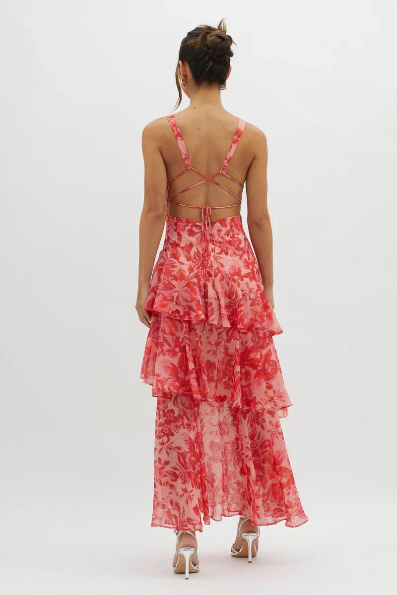 Lisa | Coral Floral Midi Dress – Fluid and Romantic Elegance