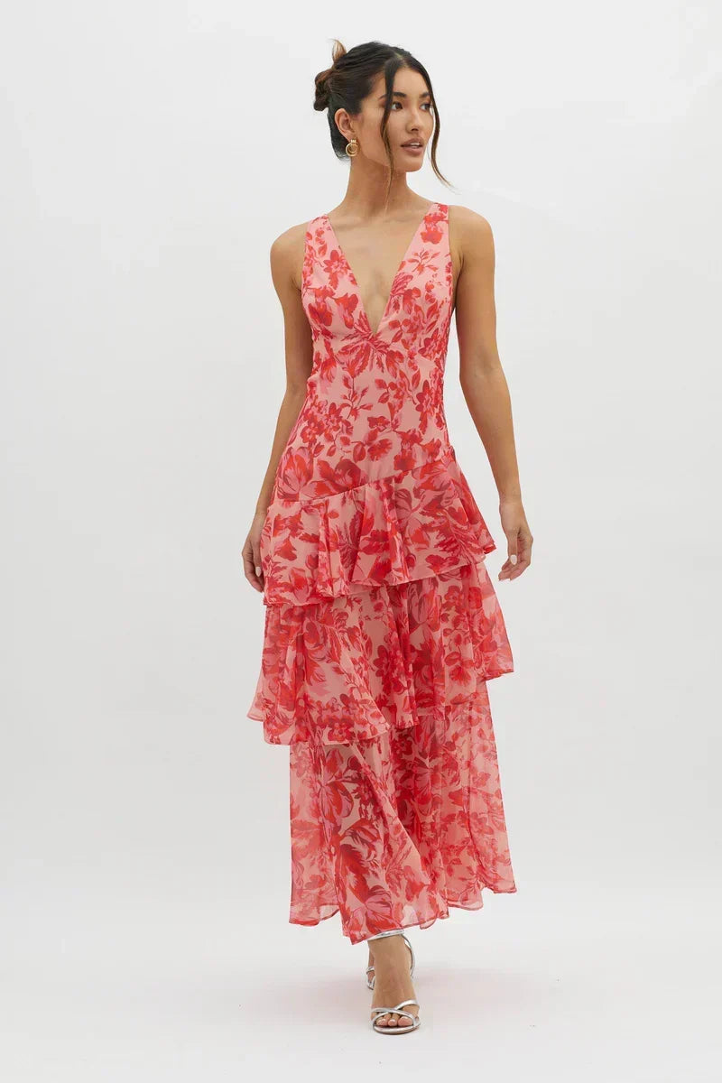 Lisa | Coral Floral Midi Dress – Fluid and Romantic Elegance
