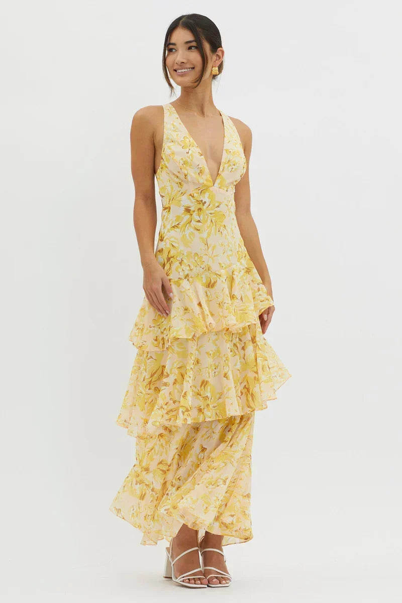 Lisa | Coral Floral Midi Dress – Fluid and Romantic Elegance