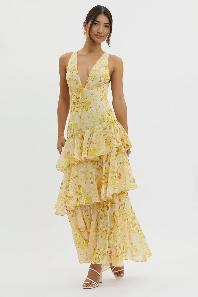 Lisa | Coral Floral Midi Dress – Fluid and Romantic Elegance