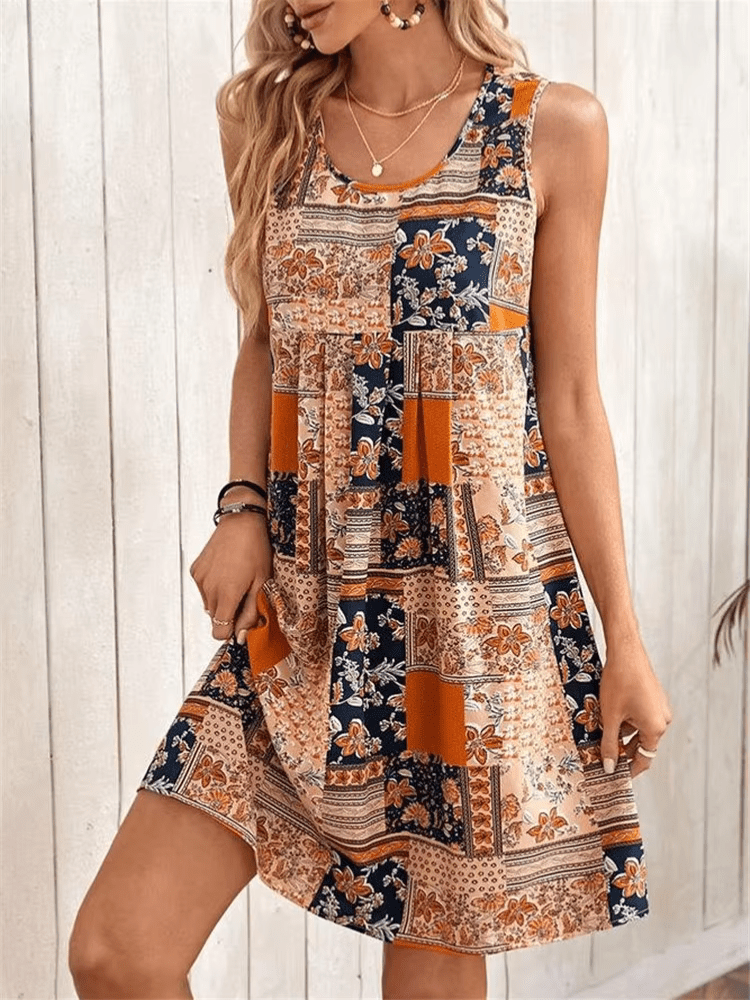 Caroline | Women's Boho Patchwork Print Sleeveless Mini Dress