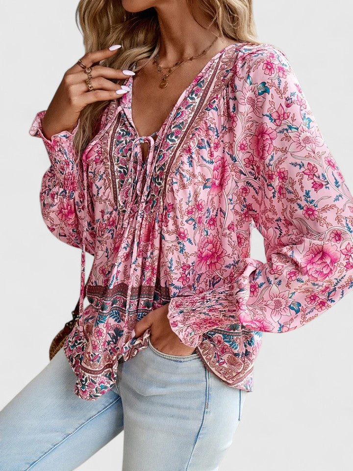 Tessa | Women's Boho Floral Long Sleeve Peasant Top