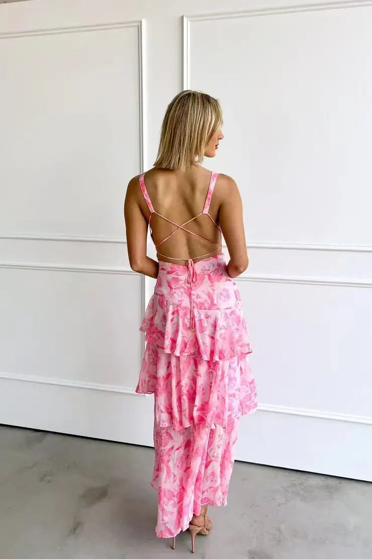 Lisa | Coral Floral Midi Dress – Fluid and Romantic Elegance
