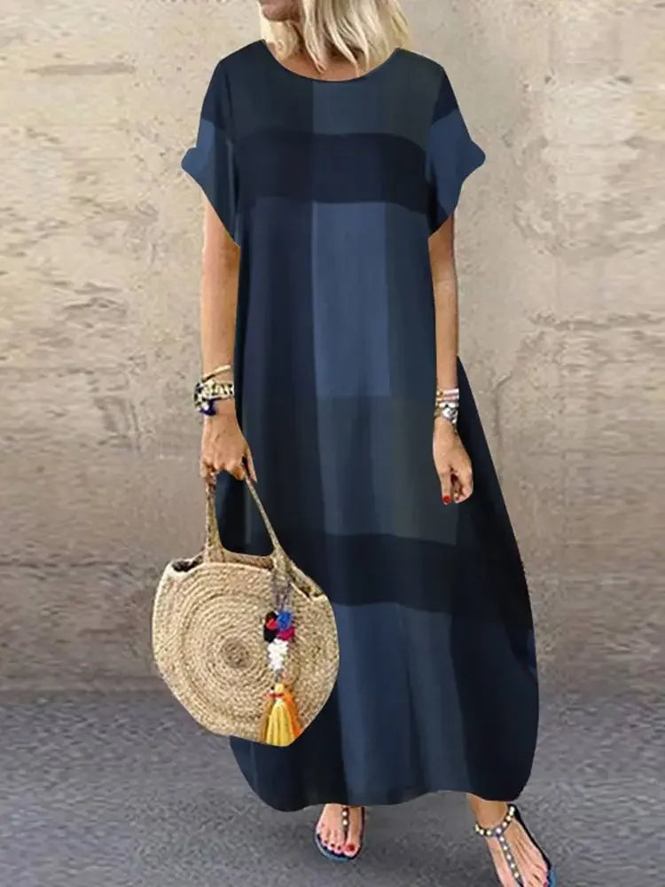 Noelle - Minimalist Block Pattern Flowing Maxi Dress