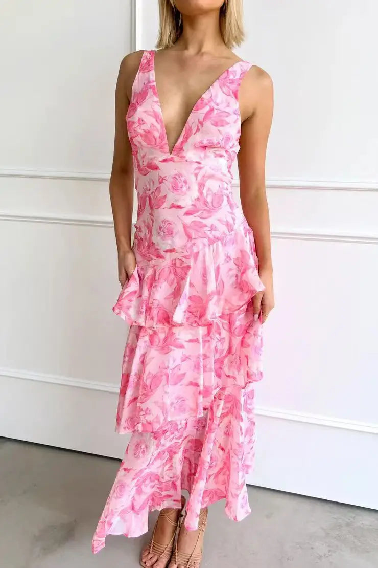 Lisa | Coral Floral Midi Dress – Fluid and Romantic Elegance