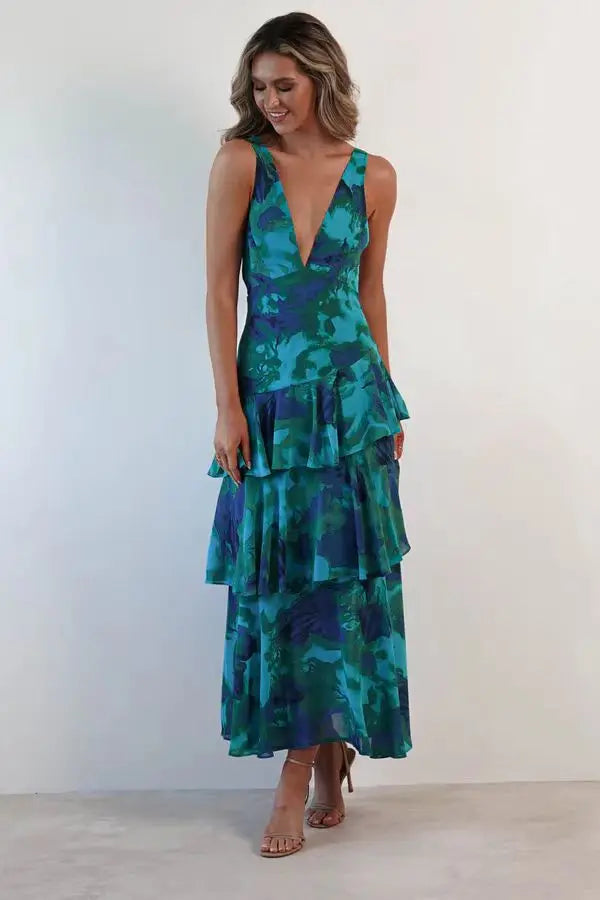 Lisa | Coral Floral Midi Dress – Fluid and Romantic Elegance