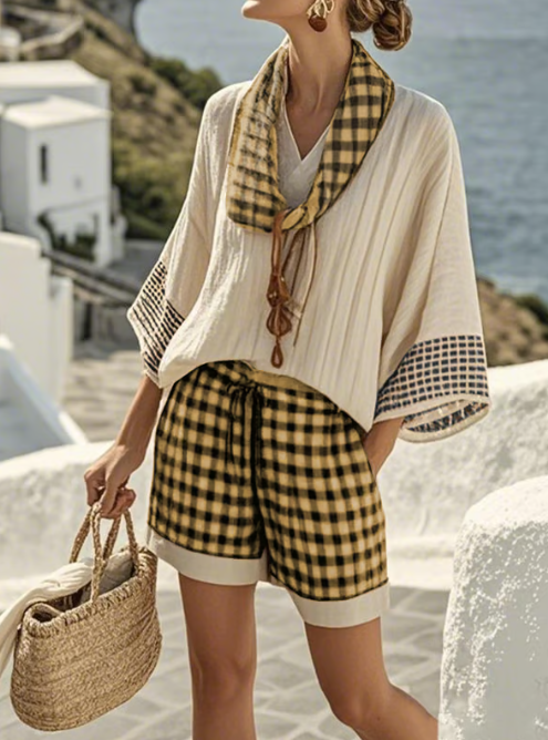 Short linen set with checkered pattern