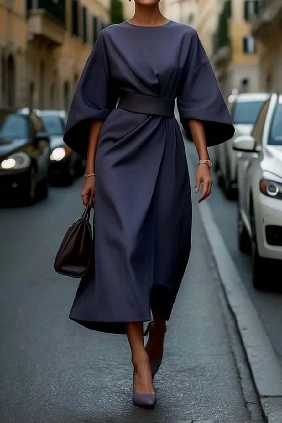 ADRIANA – ELEGANT BELTED BATWING MIDI DRESS
