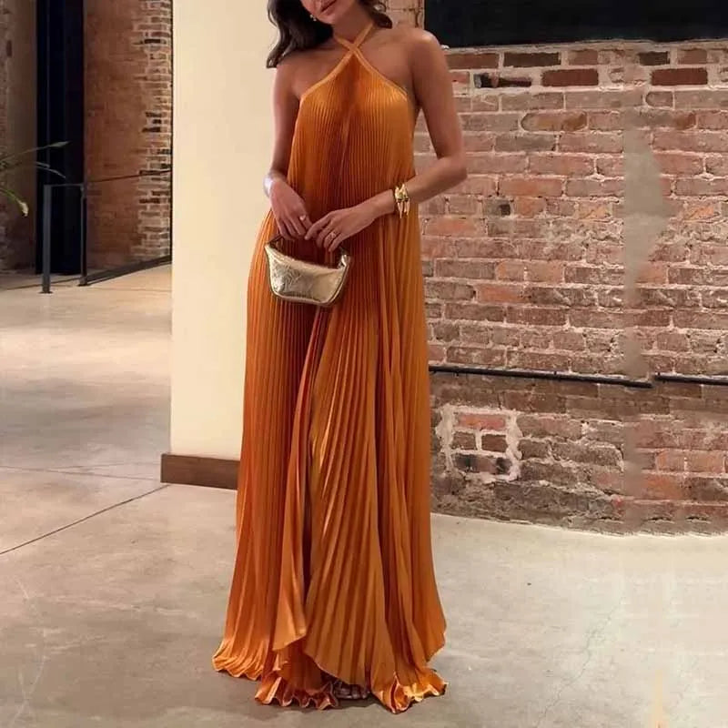 Mira - Chic Pleated Halter Neck Maxi Dress