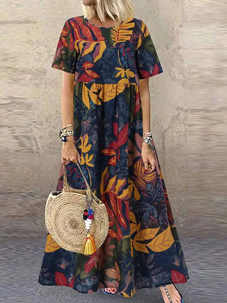 Calista - Bold Botanical Print Flowing Midi Dress