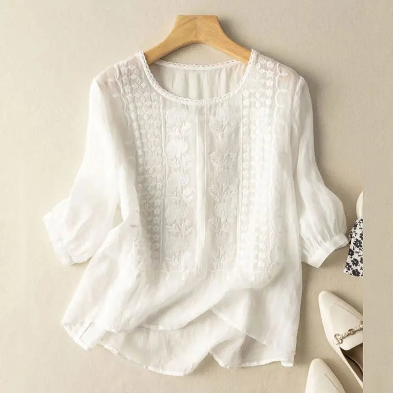 Aurora – Embroidered Relaxed Blouse (Cotton & Linen)