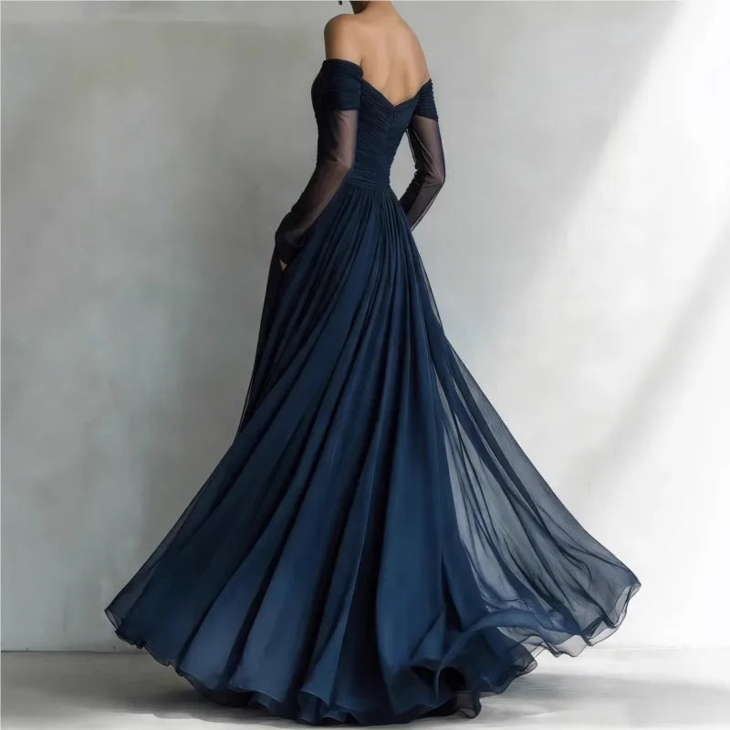 Eleonora • Long dress with off-the-shoulder design and mesh inserts