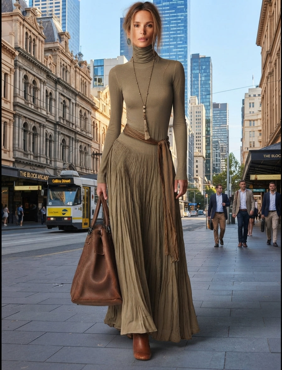 Elegant Turtleneck Long Sleeve Pleated Maxi Dress with Waist Tie