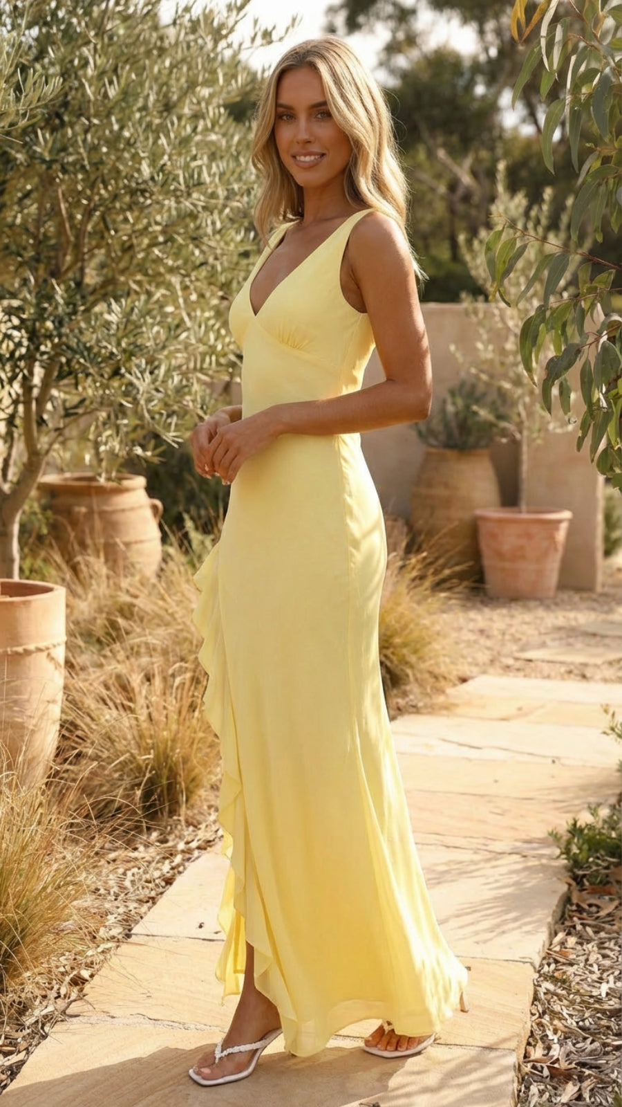 Sleeveless V-Neck Ruffle Side Slit Maxi Dress