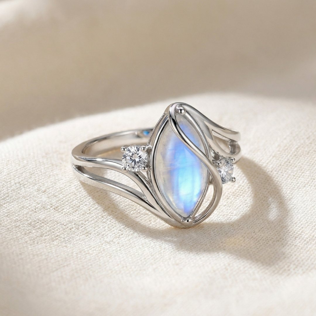 Lunara – Flowing Moonstone Ring with Crystal Accents