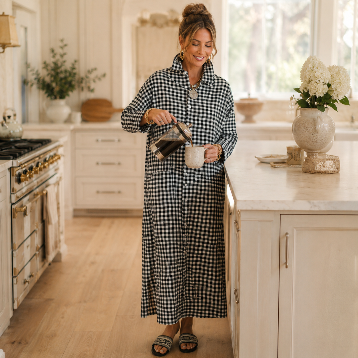 Harlowe – Gingham Button-Front Maxi Shirt Dress with Side Slits
