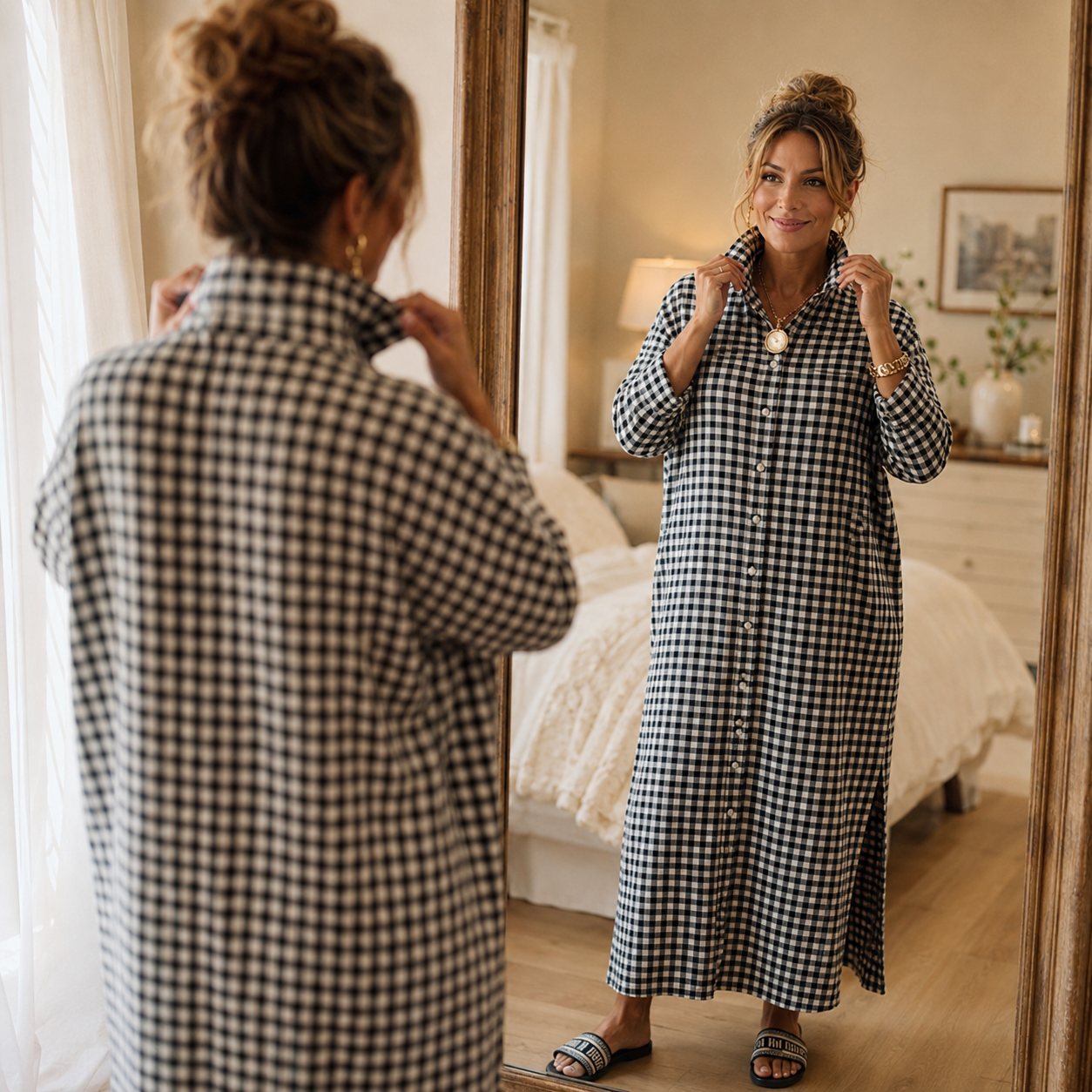 Harlowe – Gingham Button-Front Maxi Shirt Dress with Side Slits