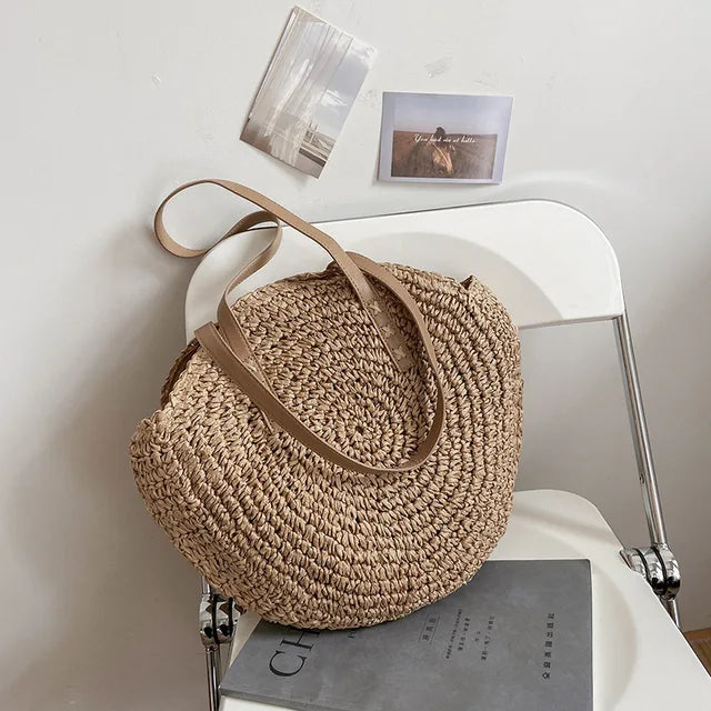 Arnora | Round Woven Handbag with Faux Leather Straps