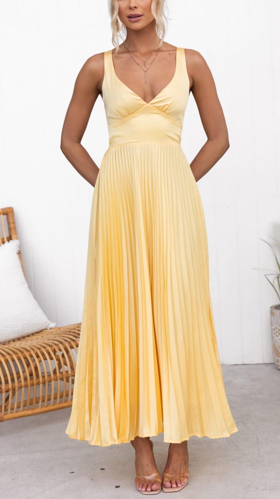 Jane | Elegant Pleated V-Neck Maxi Dress.