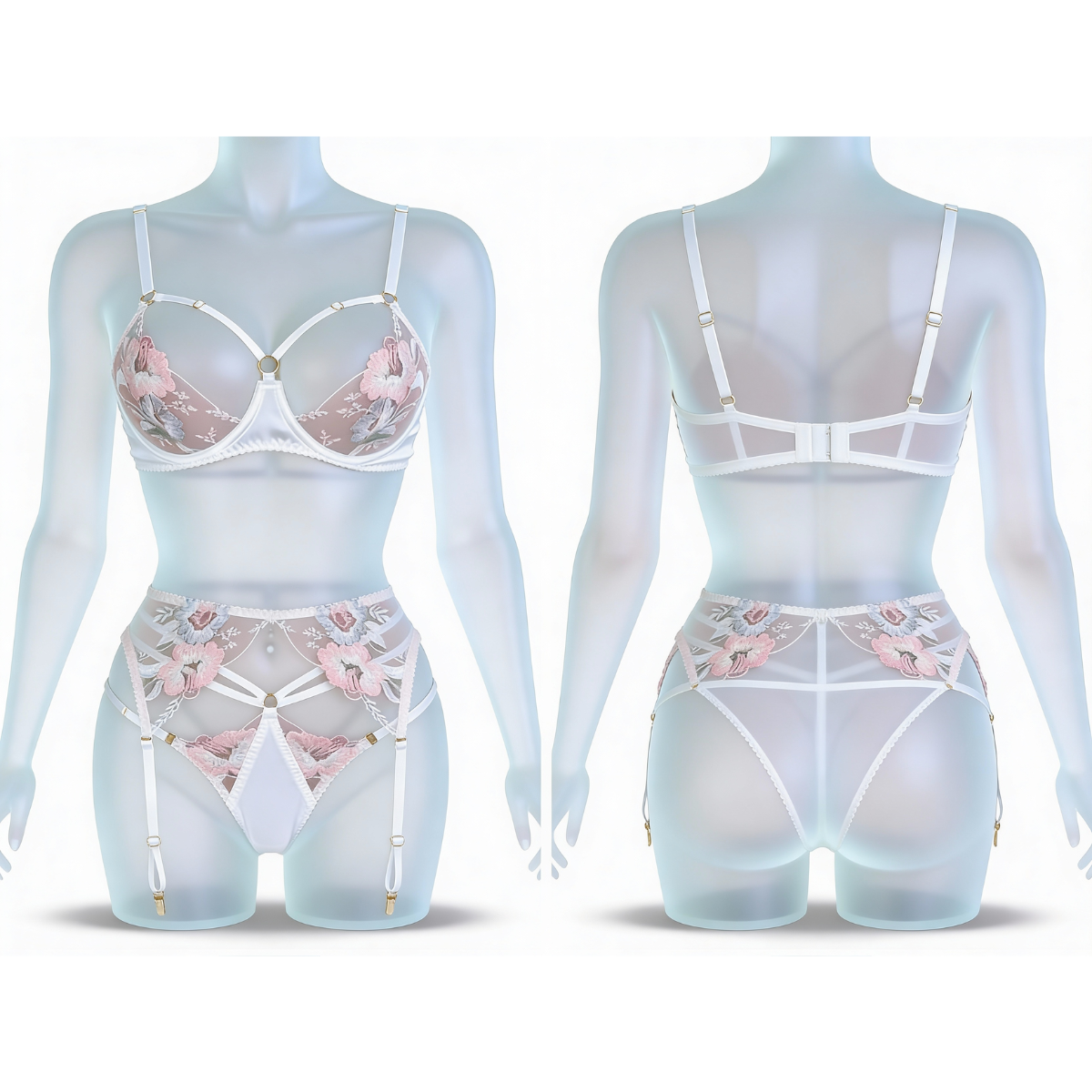 Florelle – Floral Embroidered 3-Piece Lingerie Set