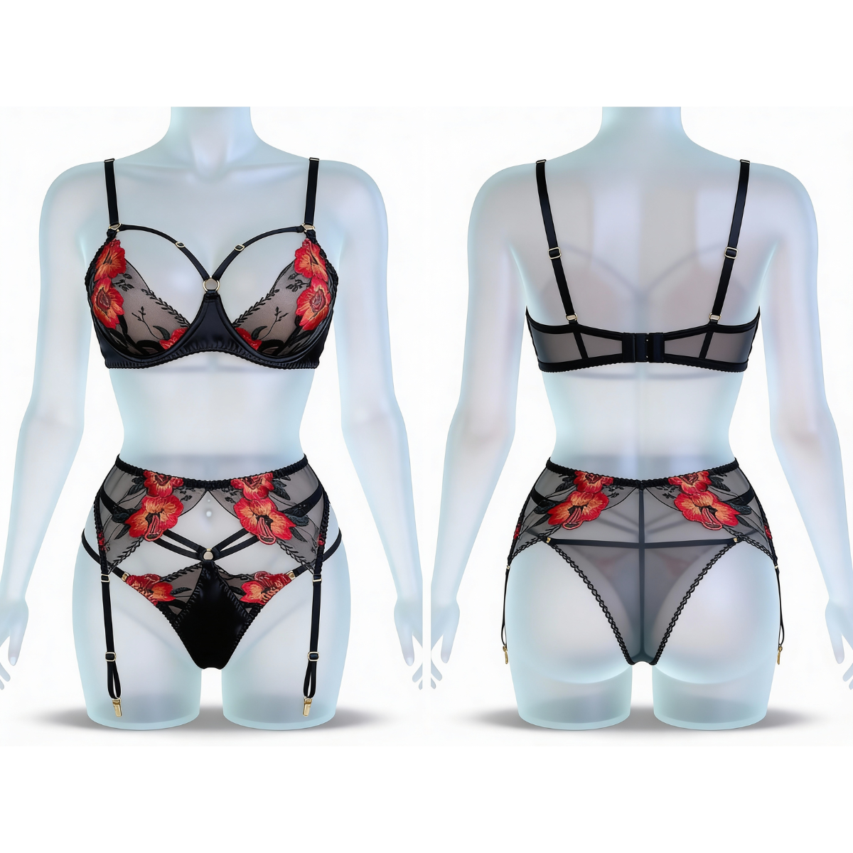 Florelle – Floral Embroidered 3-Piece Lingerie Set