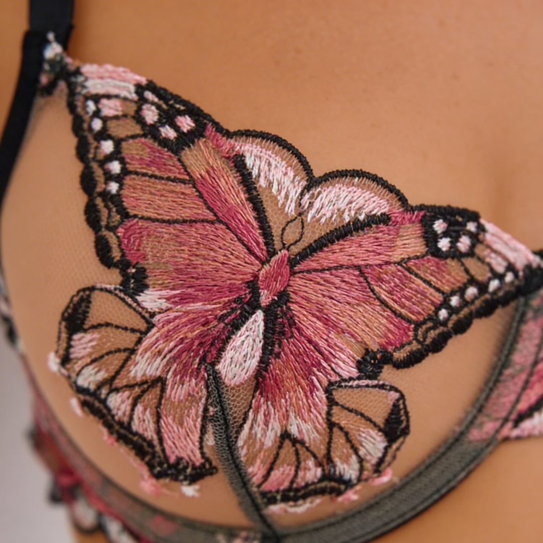 Fiorelle – Butterfly Embroidered Mesh Lingerie Set
