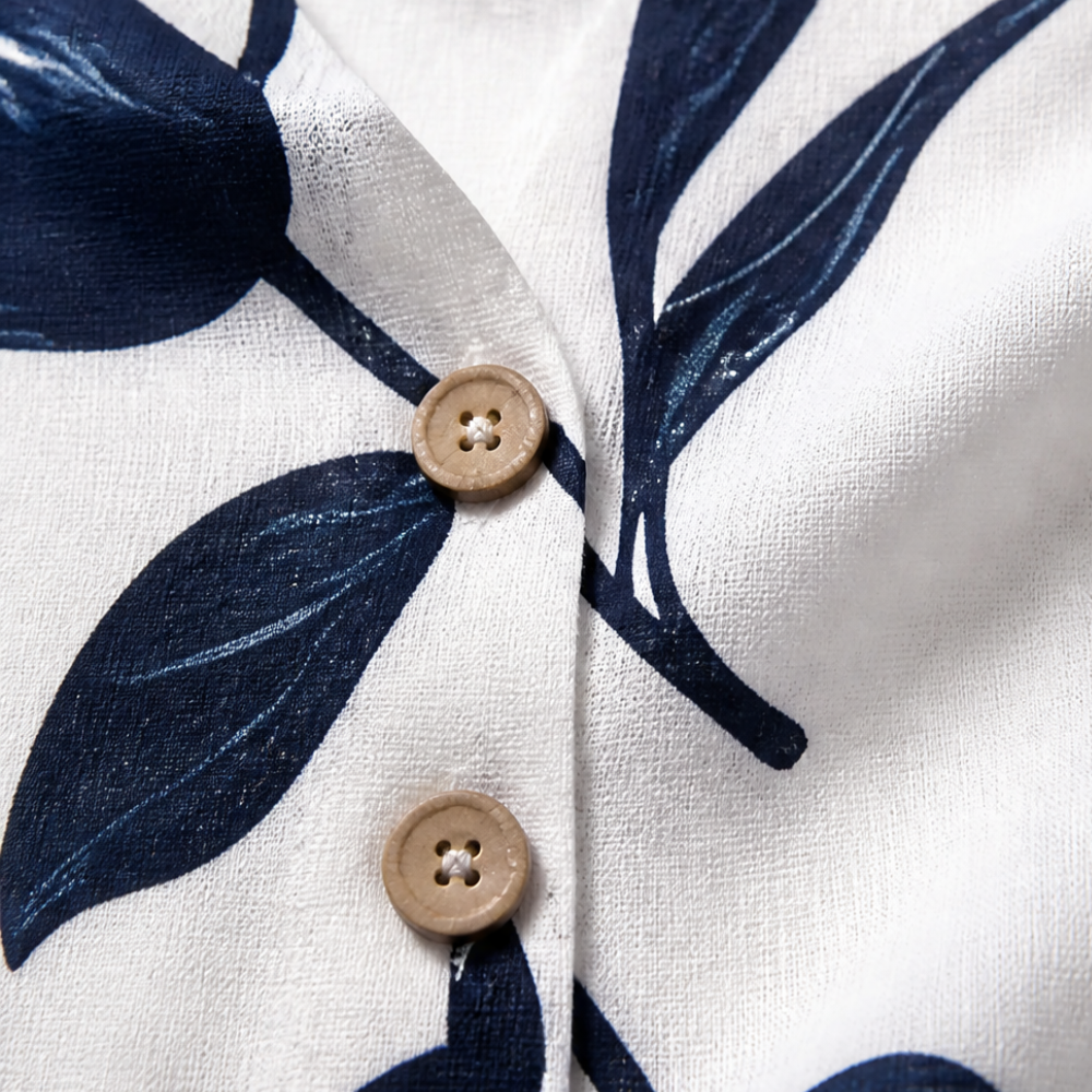 Florelle – Floral Linen V-Neck Popover Blouse with 3/4 Sleeves