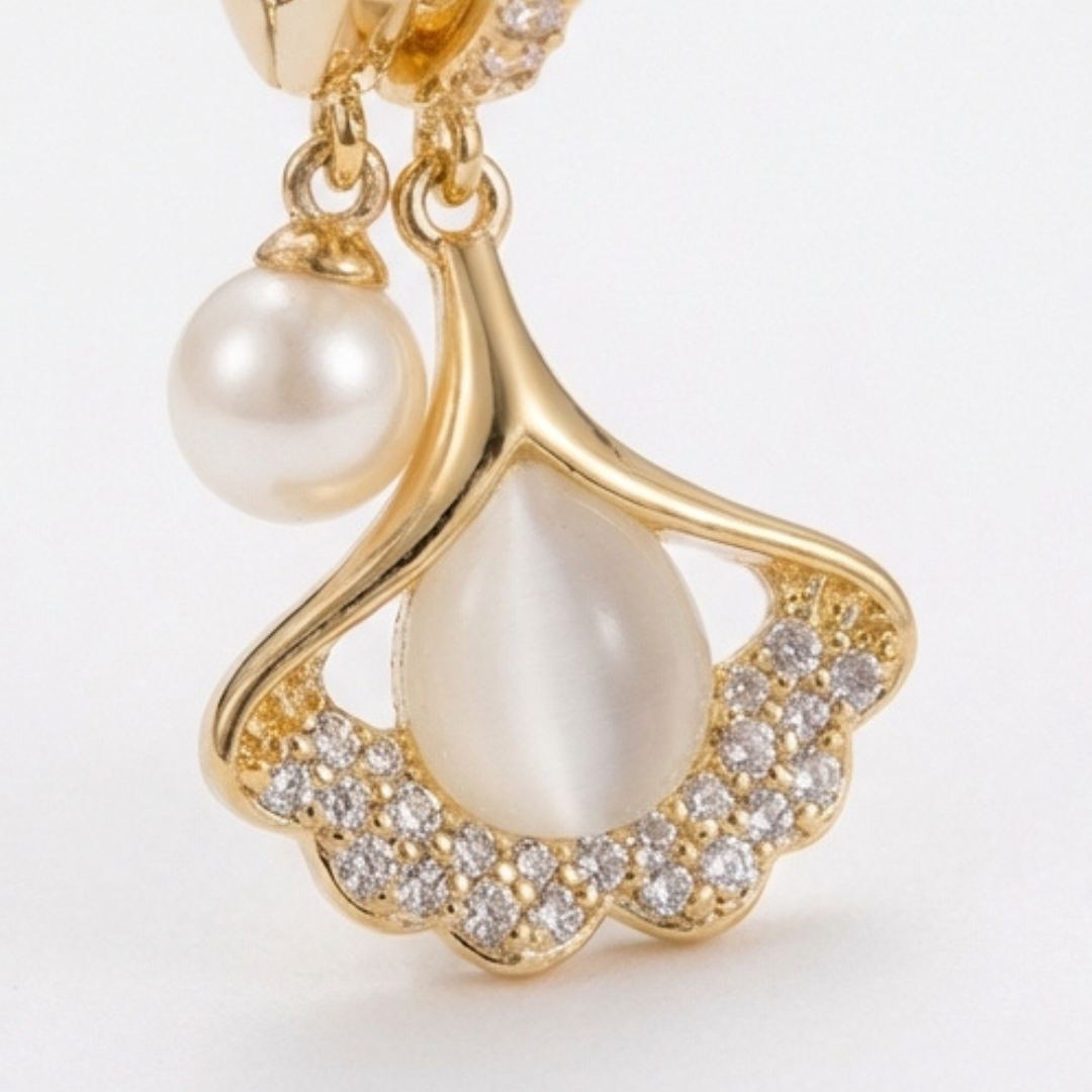 Ginara – Crystal Ginkgo Leaf Drop Earrings with Pearl
