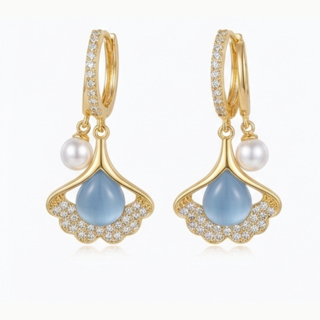 Ginara – Crystal Ginkgo Leaf Drop Earrings with Pearl