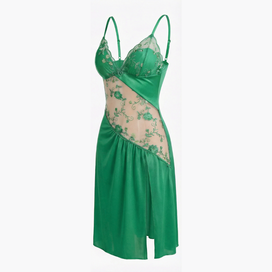 Florelle - Women's floral embroidered mesh nightgown with high slit