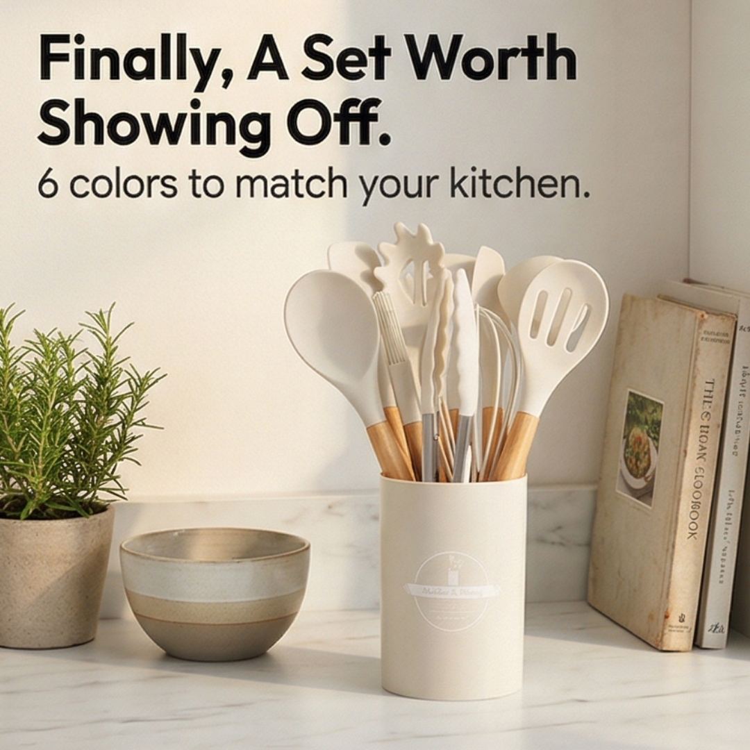 Culinara – 12 Piece Silicone Kitchen Set with Wooden Handles