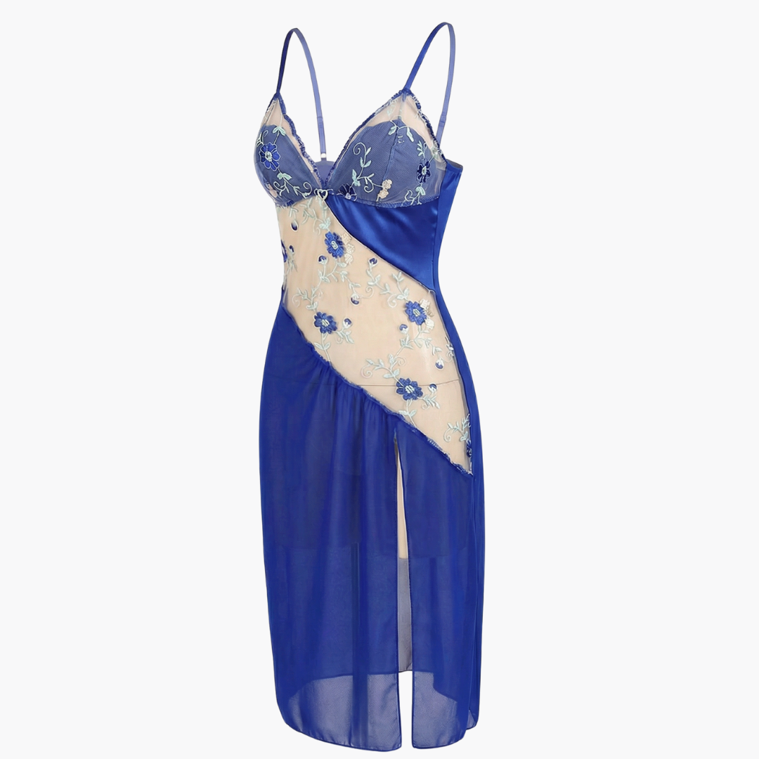Florelle - Women's floral embroidered mesh nightgown with high slit