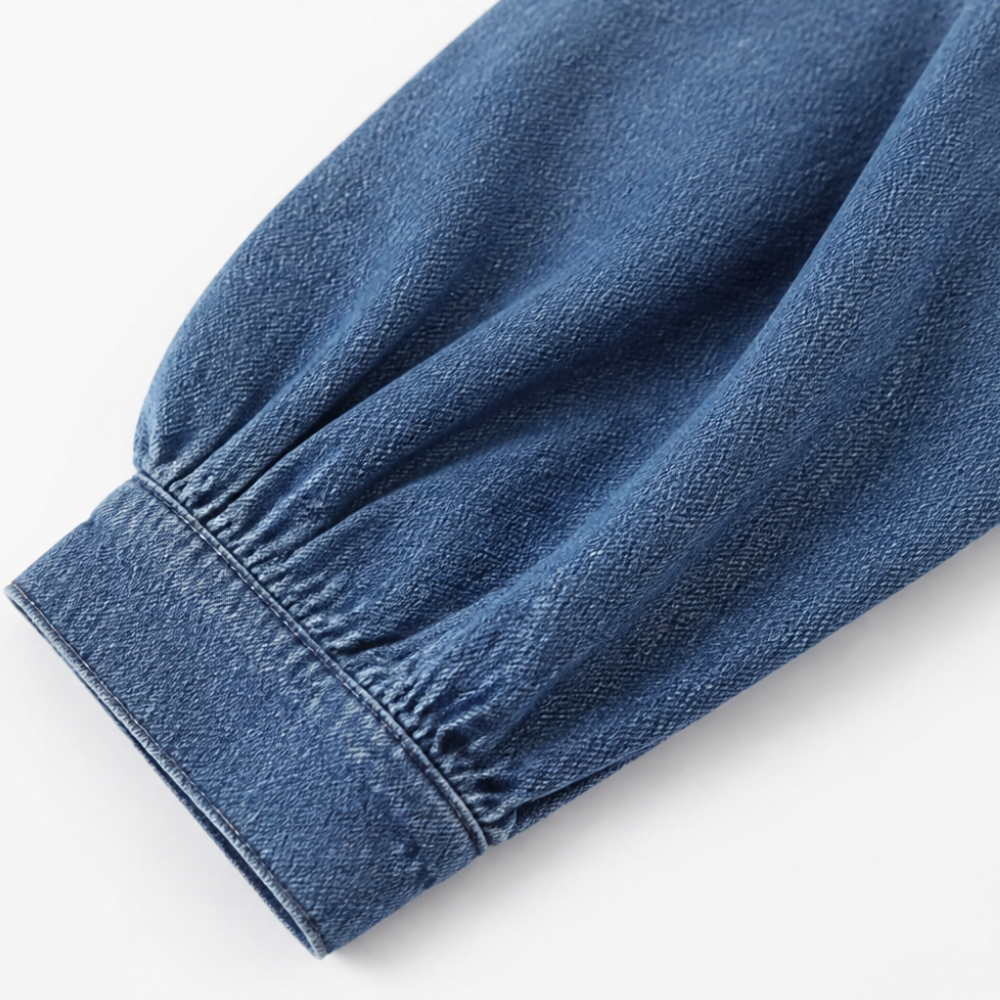 Denara – Lantern Sleeve Half-Button Denim Maxi Dress