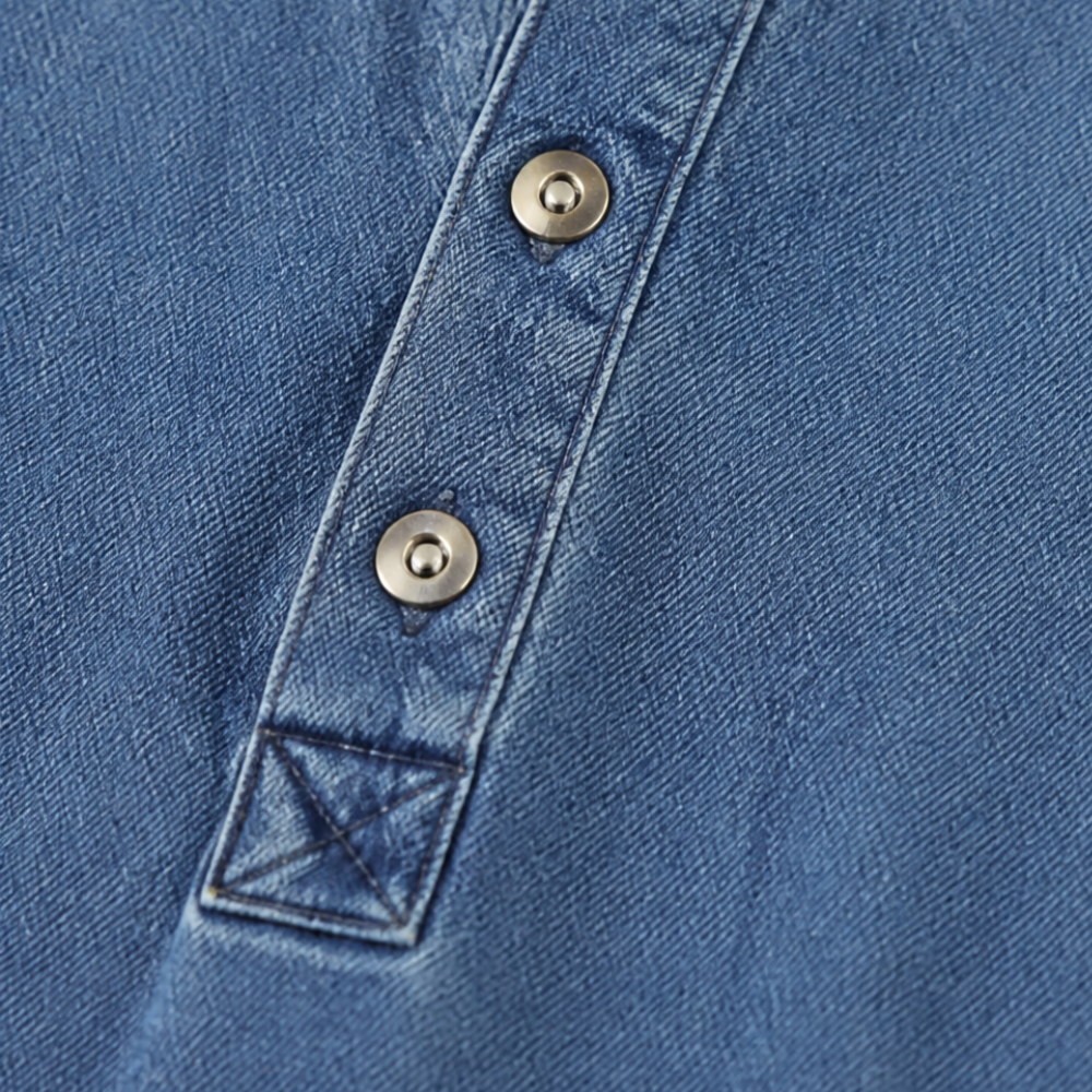 Denara – Lantern Sleeve Half-Button Denim Maxi Dress