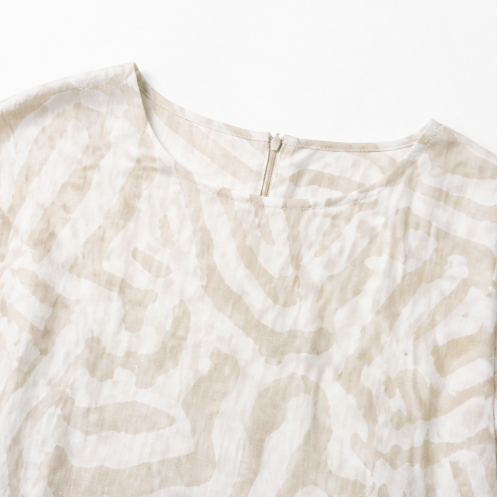 Ingrid – Linen Look Midi Shift Dress with Abstract Print, Cap Sleeve