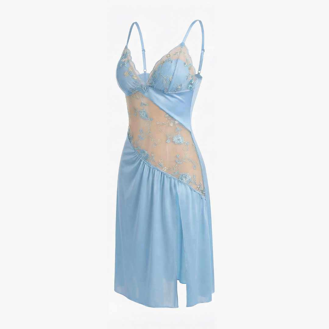 Florelle - Women's floral embroidered mesh nightgown with high slit