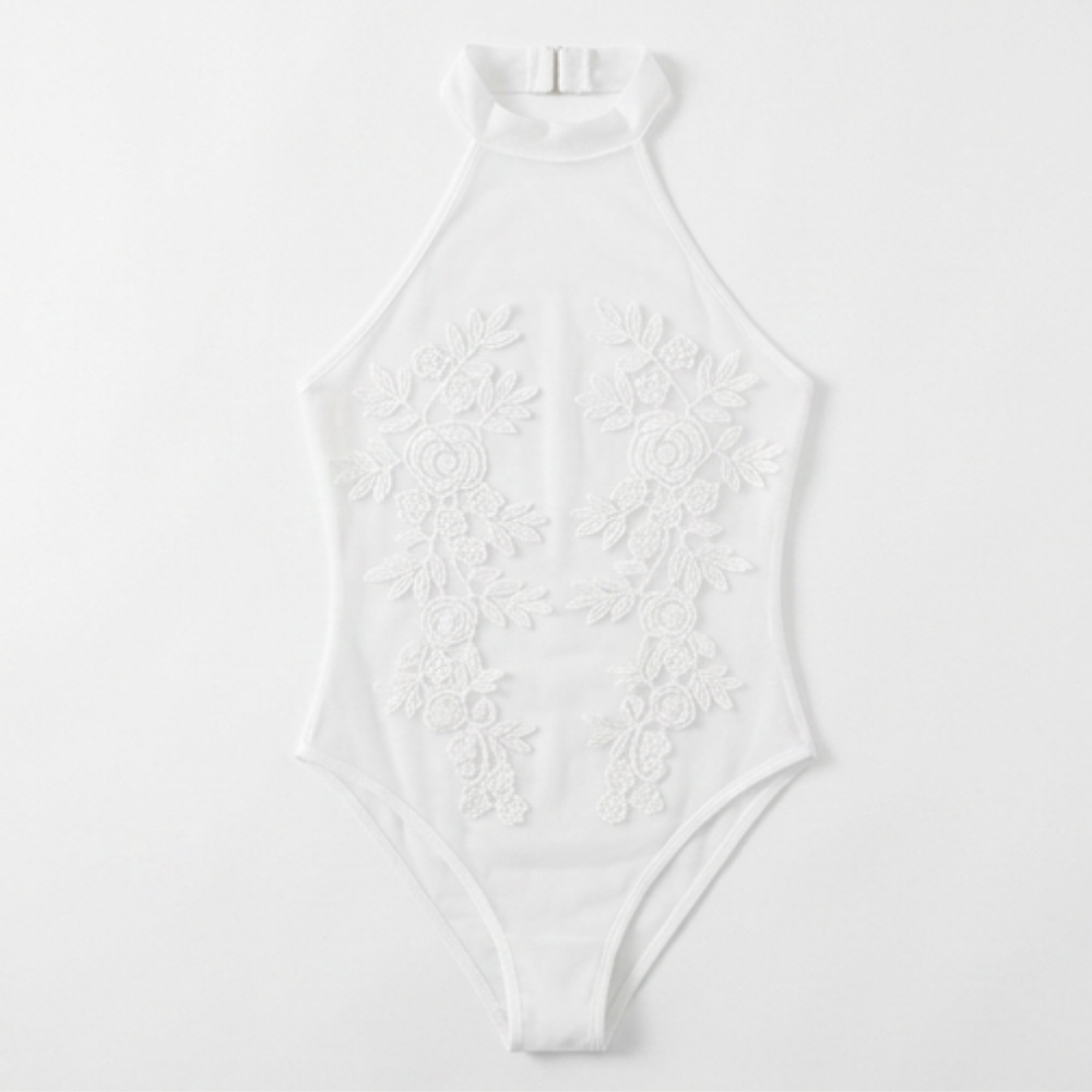 Floressa – Sheer Floral Embroidery Halter Bodysuit