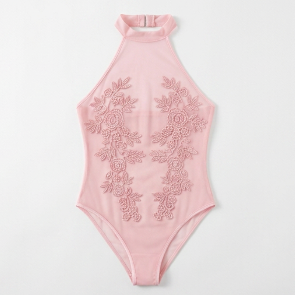Floressa – Sheer Floral Embroidery Halter Bodysuit