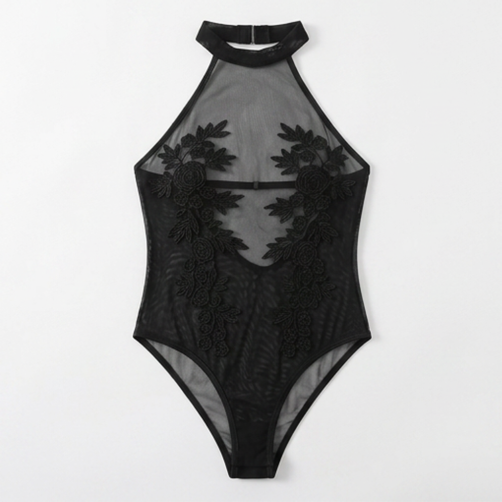 Floressa – Sheer Floral Embroidery Halter Bodysuit