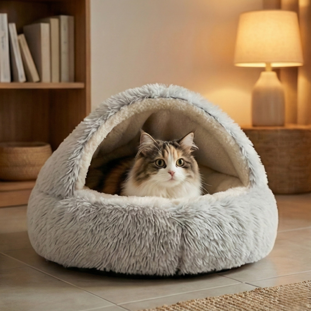 Cloofie – Plush Cave Bed for Cats, Semi-Enclosed