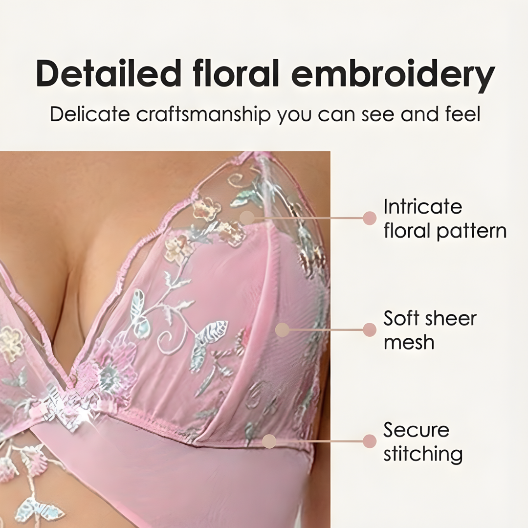 Florelle - Women's floral embroidered mesh nightgown with high slit