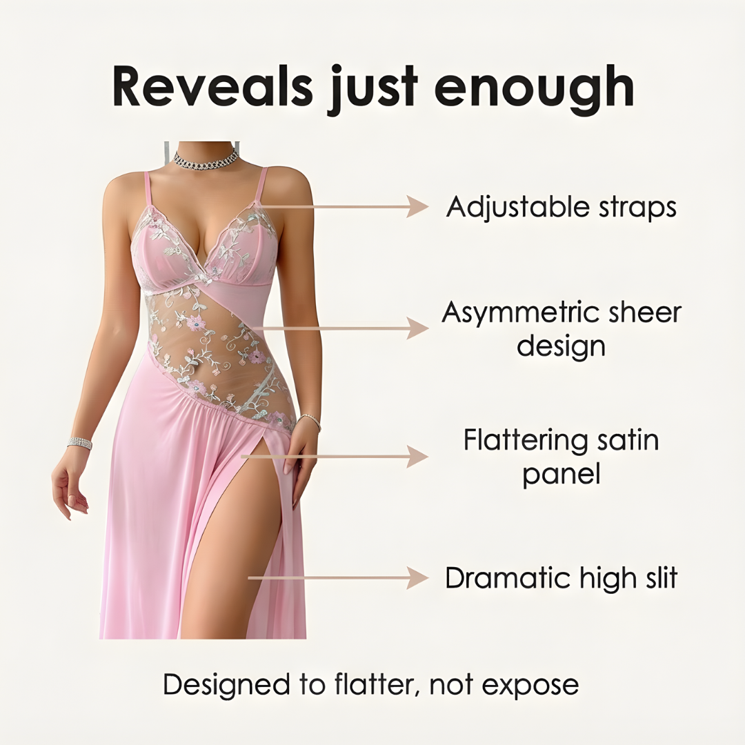 Florelle - Women's floral embroidered mesh nightgown with high slit