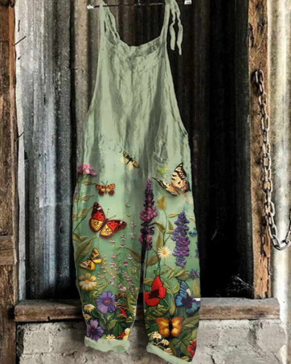 Lightweight artisanal overalls with butterflies and flowers