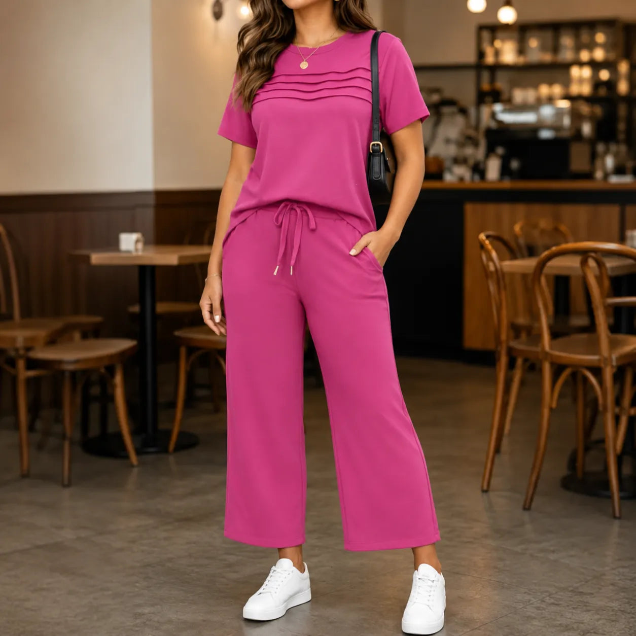Lounella – Women's Pintucked Lounge Set with Wide-Leg Pants and Pockets